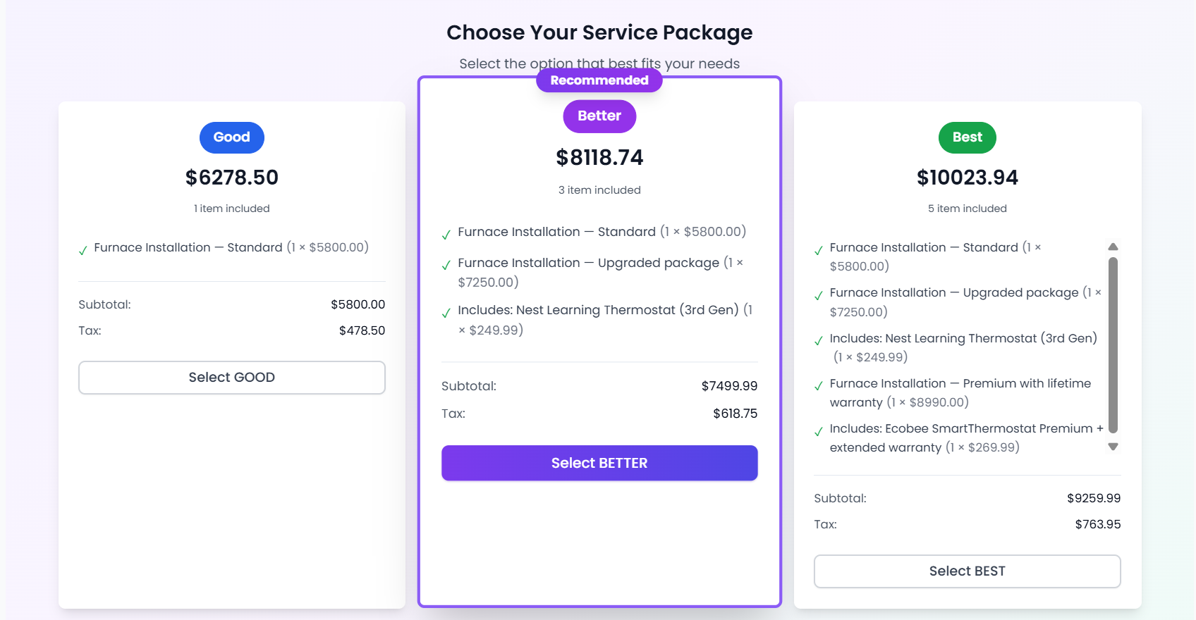 Opsler Good Better Best estimate with three pricing tiers for HVAC service — Opsler Field Service Management Opsler Good Better Best estimate with three pricing tiers for HVAC service