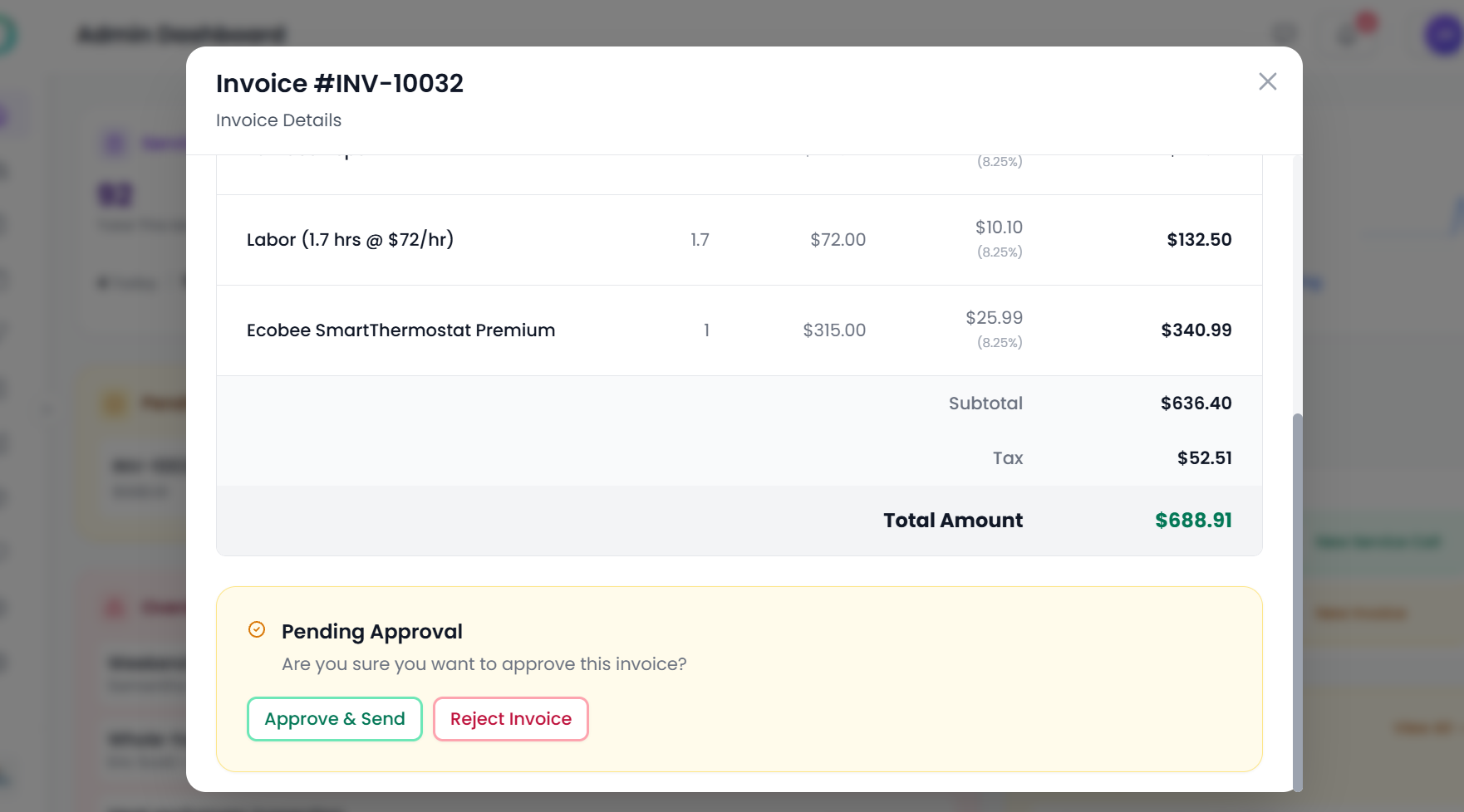 Opsler invoice approval workflow with approve and reject buttons — Opsler Field Service Management Opsler invoice approval workflow with approve and reject buttons