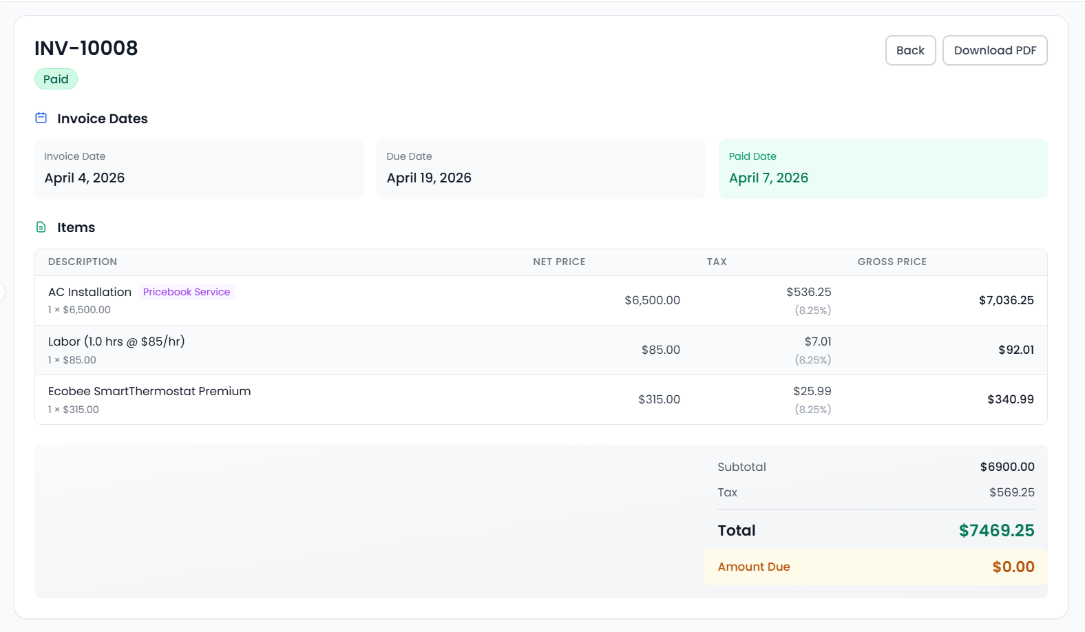 Opsler paid invoice detail showing line items and zero amount due — Opsler Field Service Management Opsler paid invoice detail showing line items and zero amount due