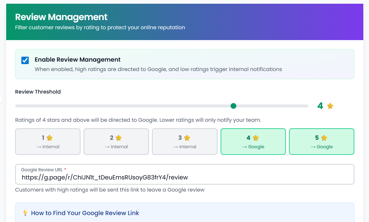 Opsler smart review gating settings with star threshold and Google review routing — Opsler Field Service Management Opsler smart review gating settings with star threshold and Google review routing