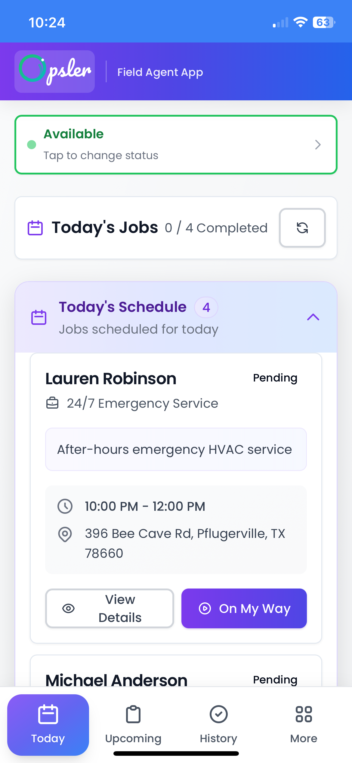 Opsler offline-first technician mobile app showing today's job schedule — Opsler Field Service Management Opsler offline-first technician mobile app showing today's job schedule